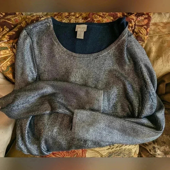 Chico's Crew Neck Blue & Silver Knit Sweater Size 2 - Picture 3 of 8
